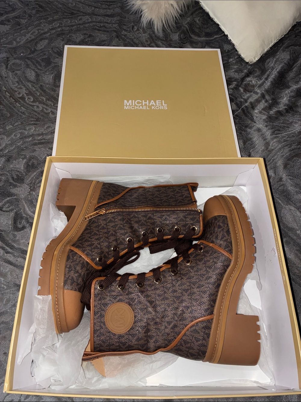 MICHAEL Michael Kors Brown Monogram Combat Boots